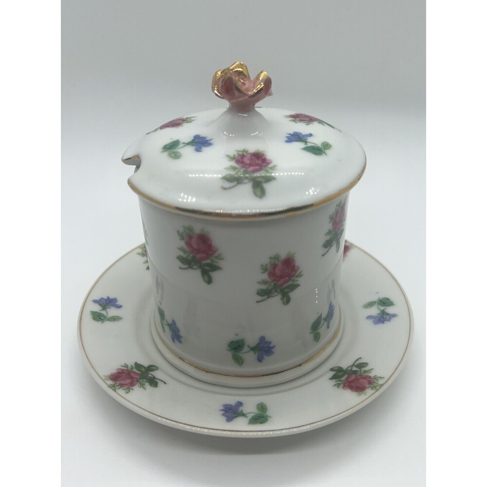 Vtg. White Porcelain Blue Pink Roses Jam Jar Sugar Bowl & Lid Floral UndePlate